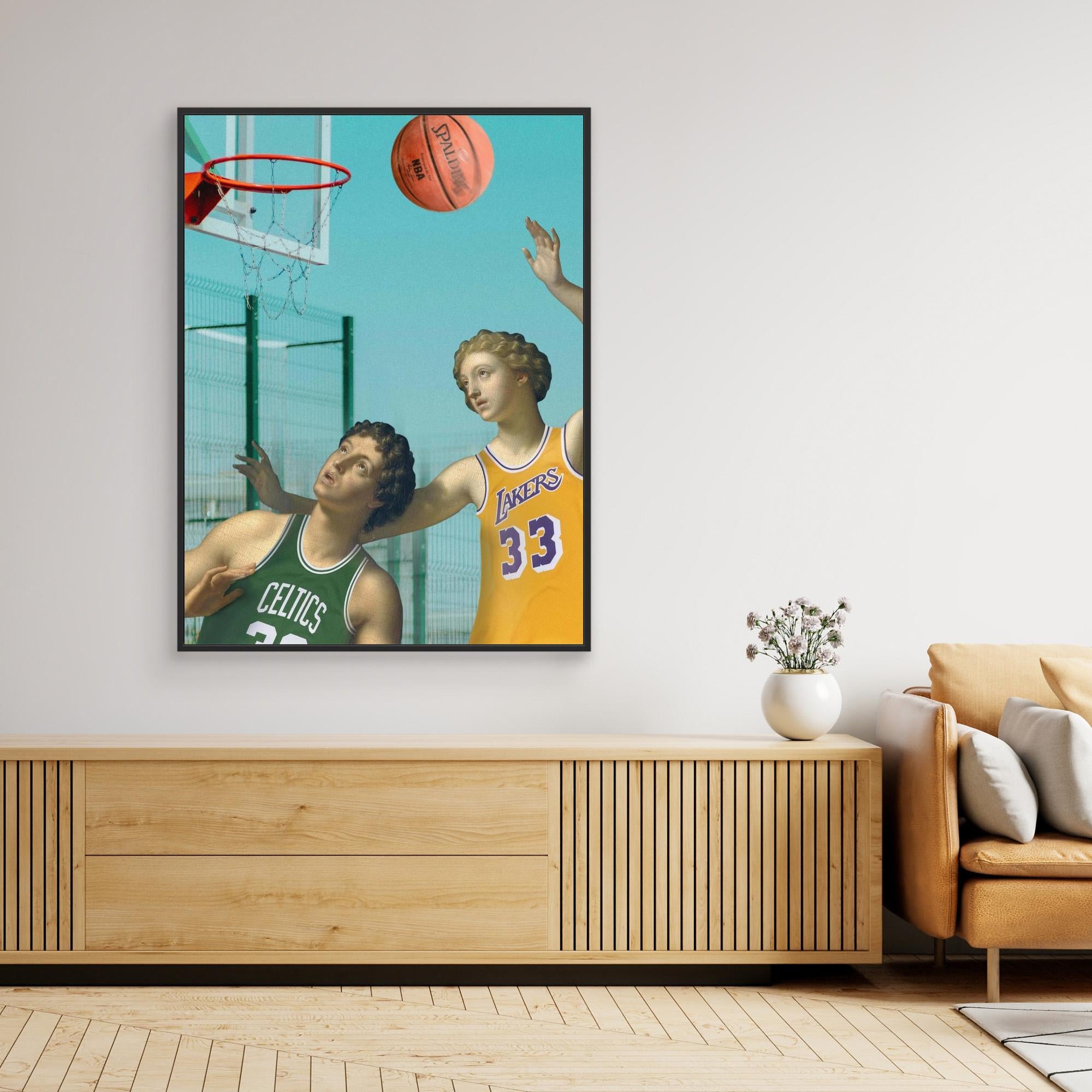 Framed artwork of two basketball players in a living room setting.