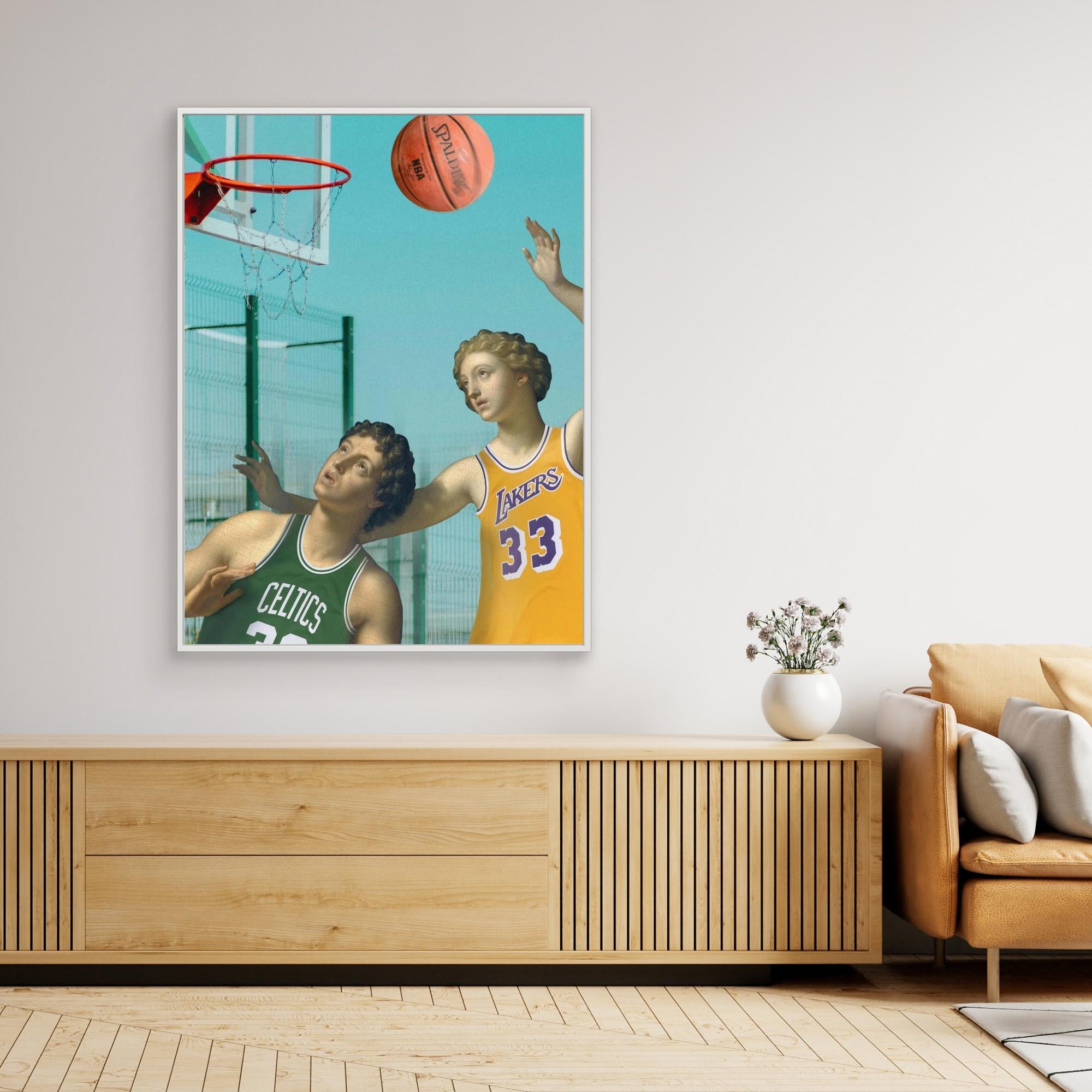 Framed artwork of two basketball players in a living room setting.