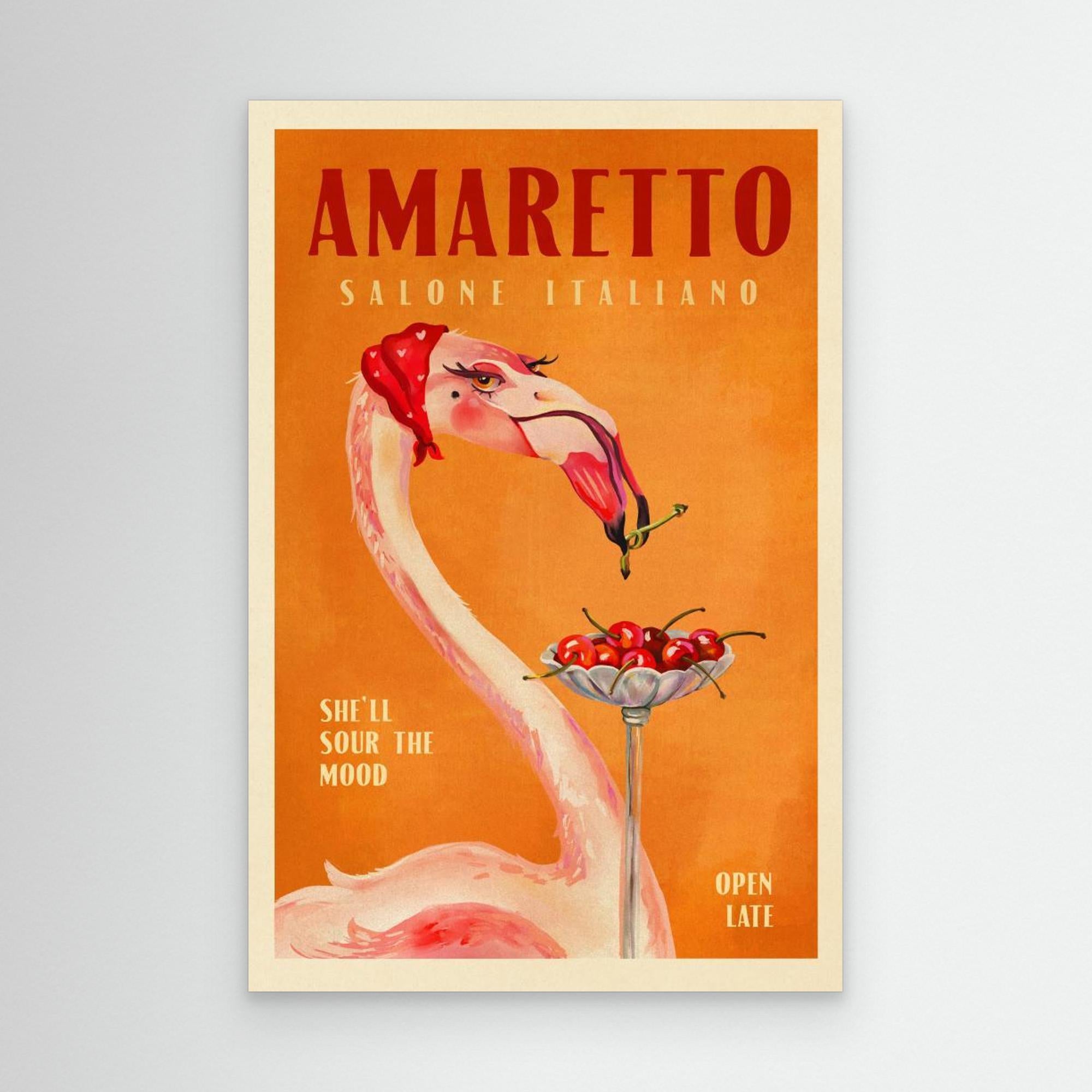 Amaretto advertisement with flamingo and cherries on an orange background