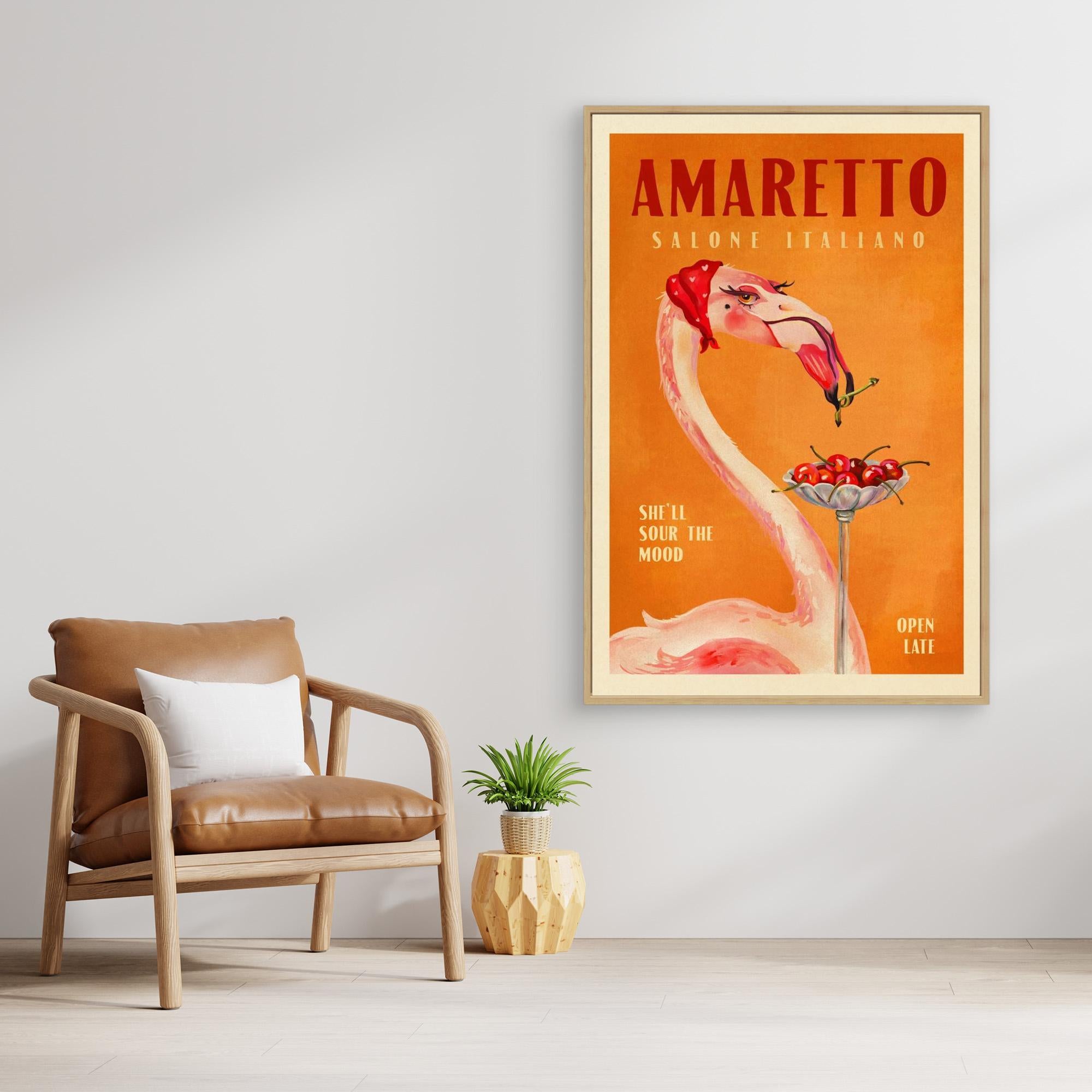 Amaretto advertisement print with flamingo design in a room with a chair and plant.