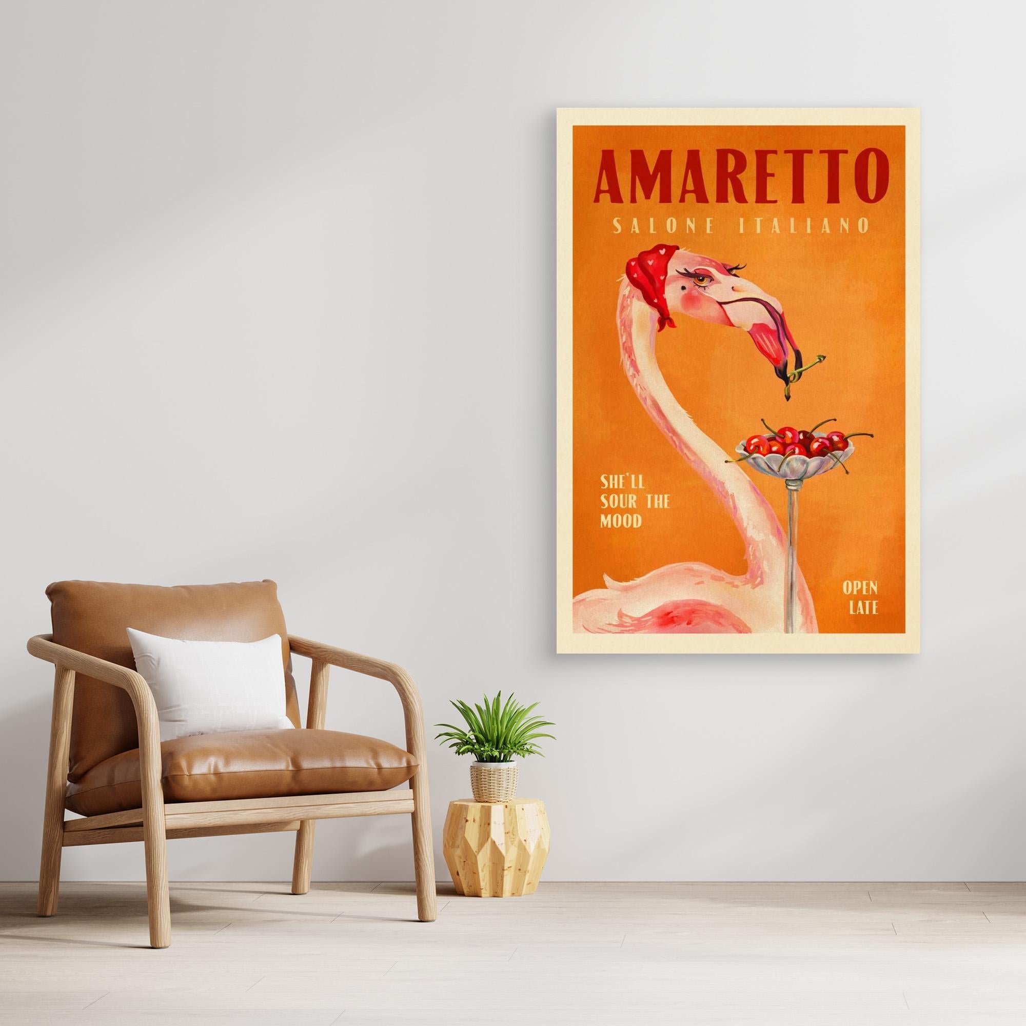 Amaretto advertisement print with flamingo design in a room with a chair and plant.