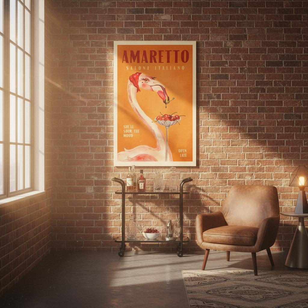 Amaretto advertisement print on a brick wall with a brown armchair and bar cart.