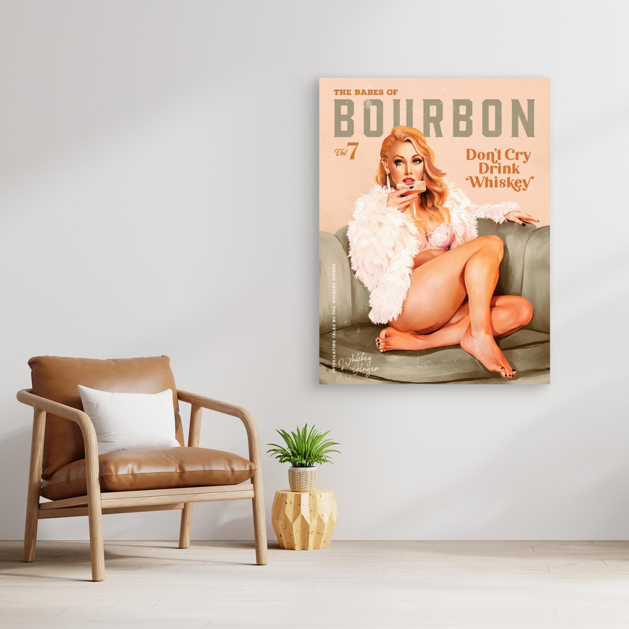 Print of a woman on a couch with text 'Babes of Bourbon' in a room with a chair and plant.