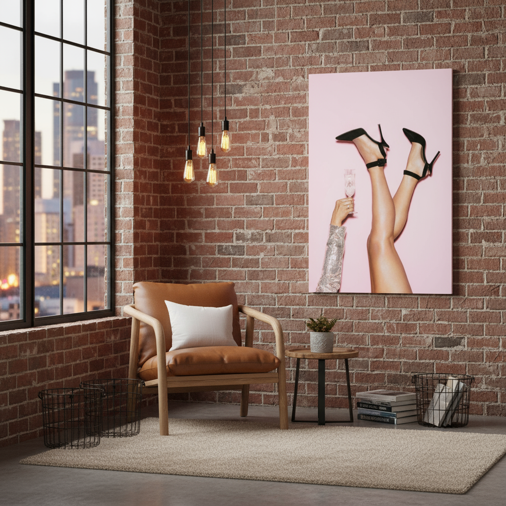 Modern interior with a brown armchair, brick wall, and a painting of legs in high heels.