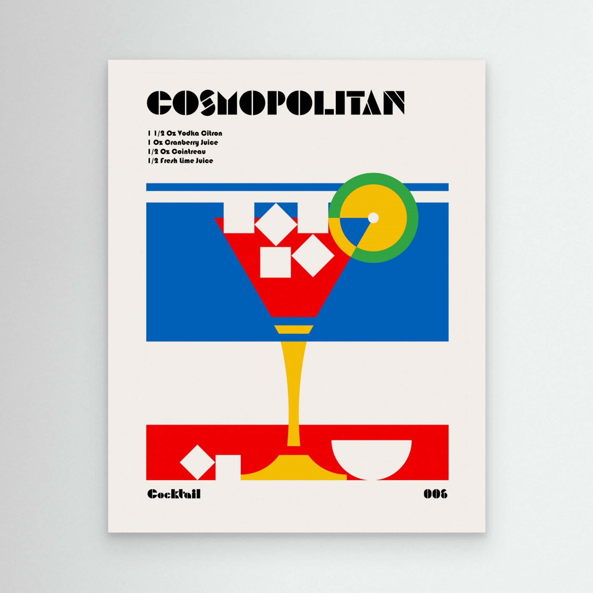 Print  design of a colourful cocktail with 'Cosmopolitan' text on a grey background