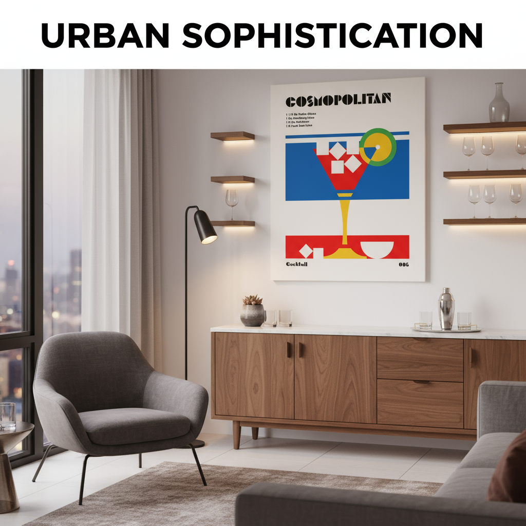 Modern living room with a Cosmopolitan print on the wall, featuring 'Urban Sophistication' text.