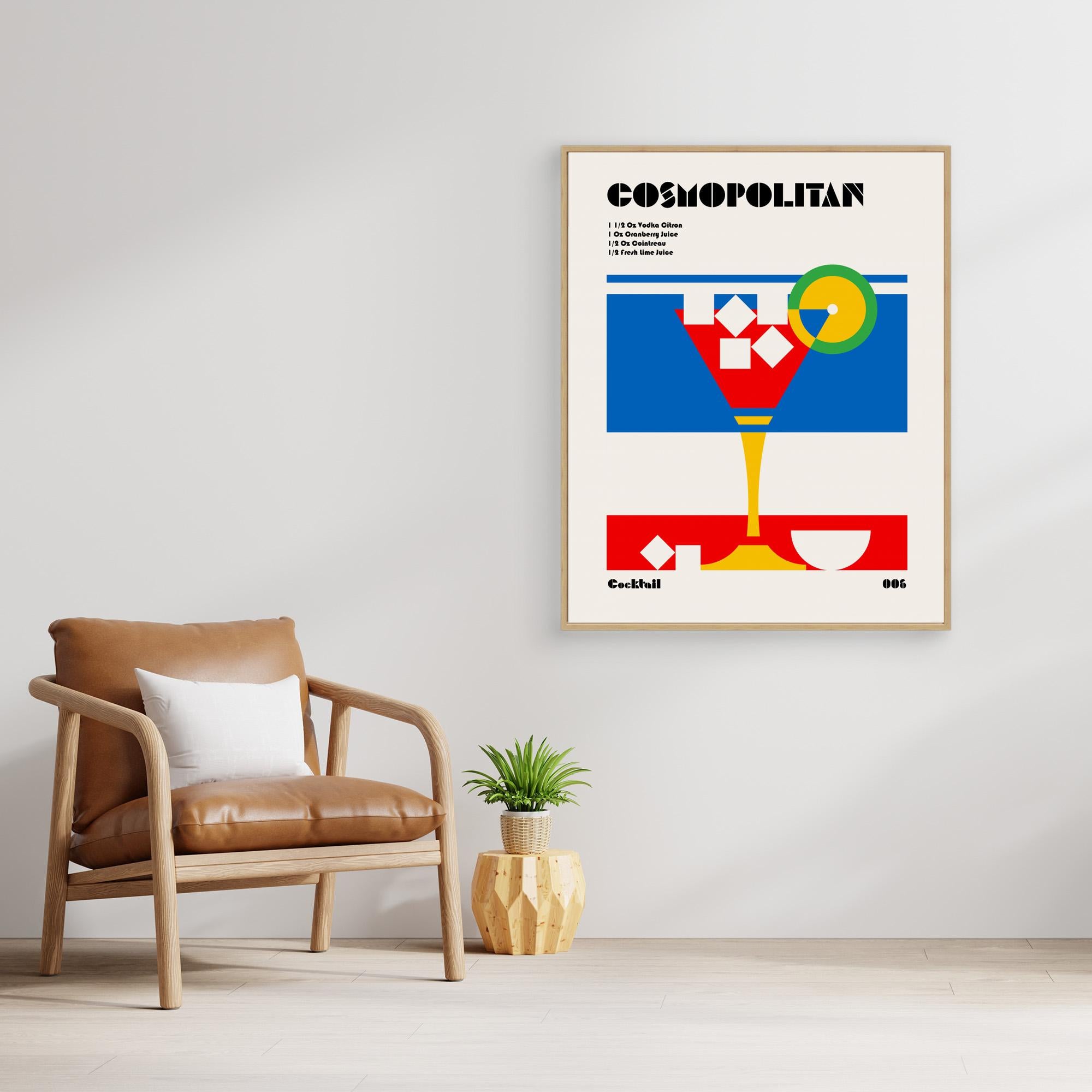 Framed artwork of a cocktail labeled 'Cosmopolitan' in a modern living room.