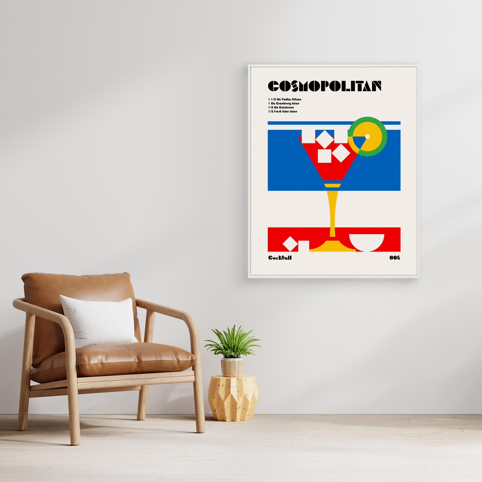 Framed print of a cocktail labeled 'Cosmopolitan' in a modern living room.