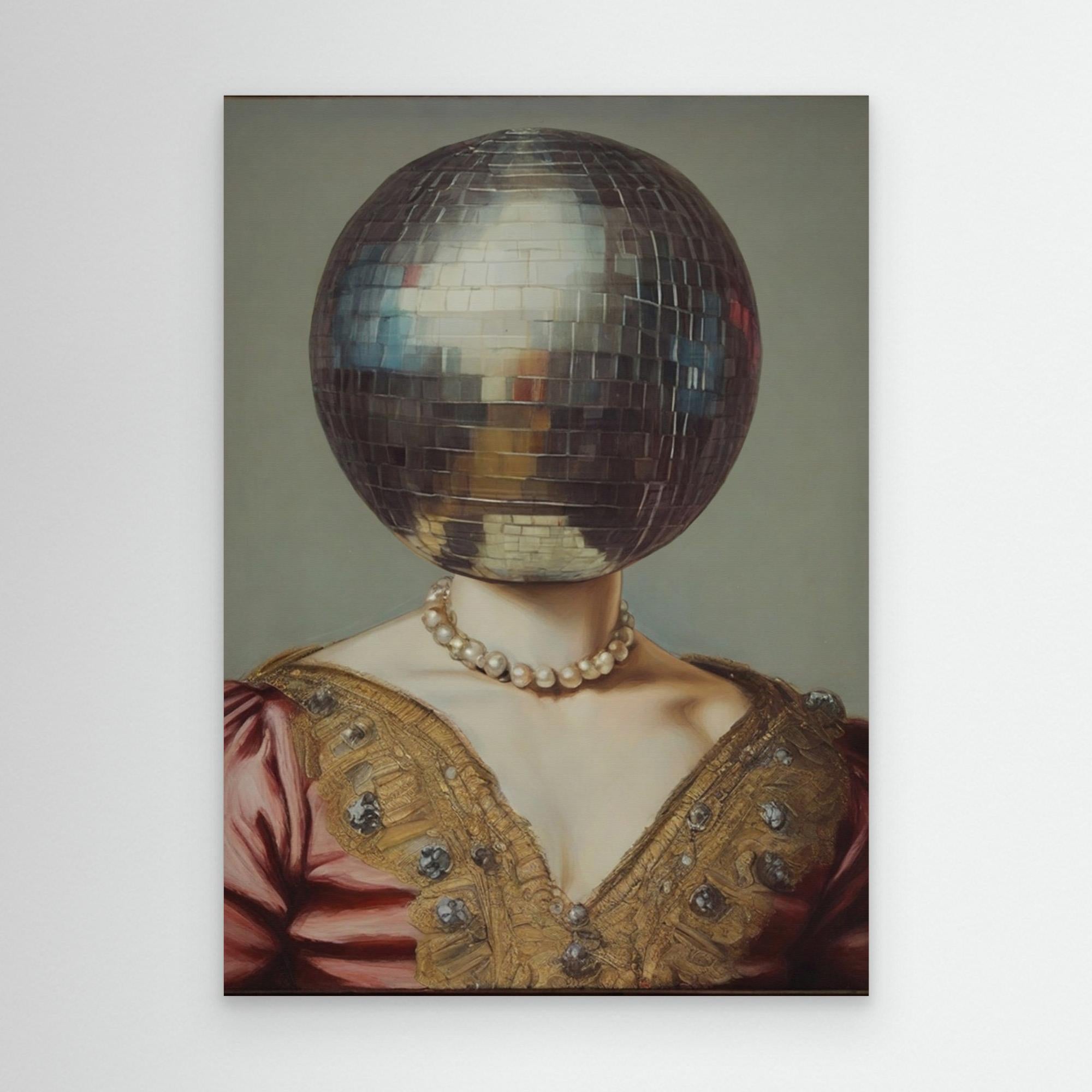 Person wearing a vintage-style dress with a large disco ball replacing their head on a plain background