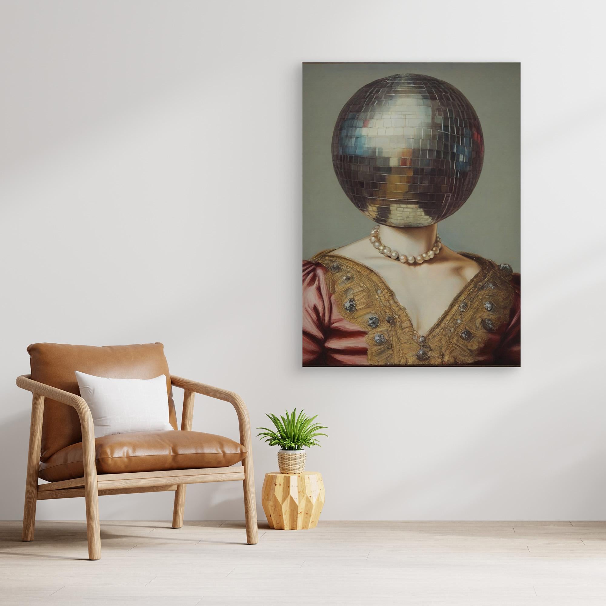 Modern interior with a brown leather chair, plant, and artwork featuring a disco ball on a neutral wall.