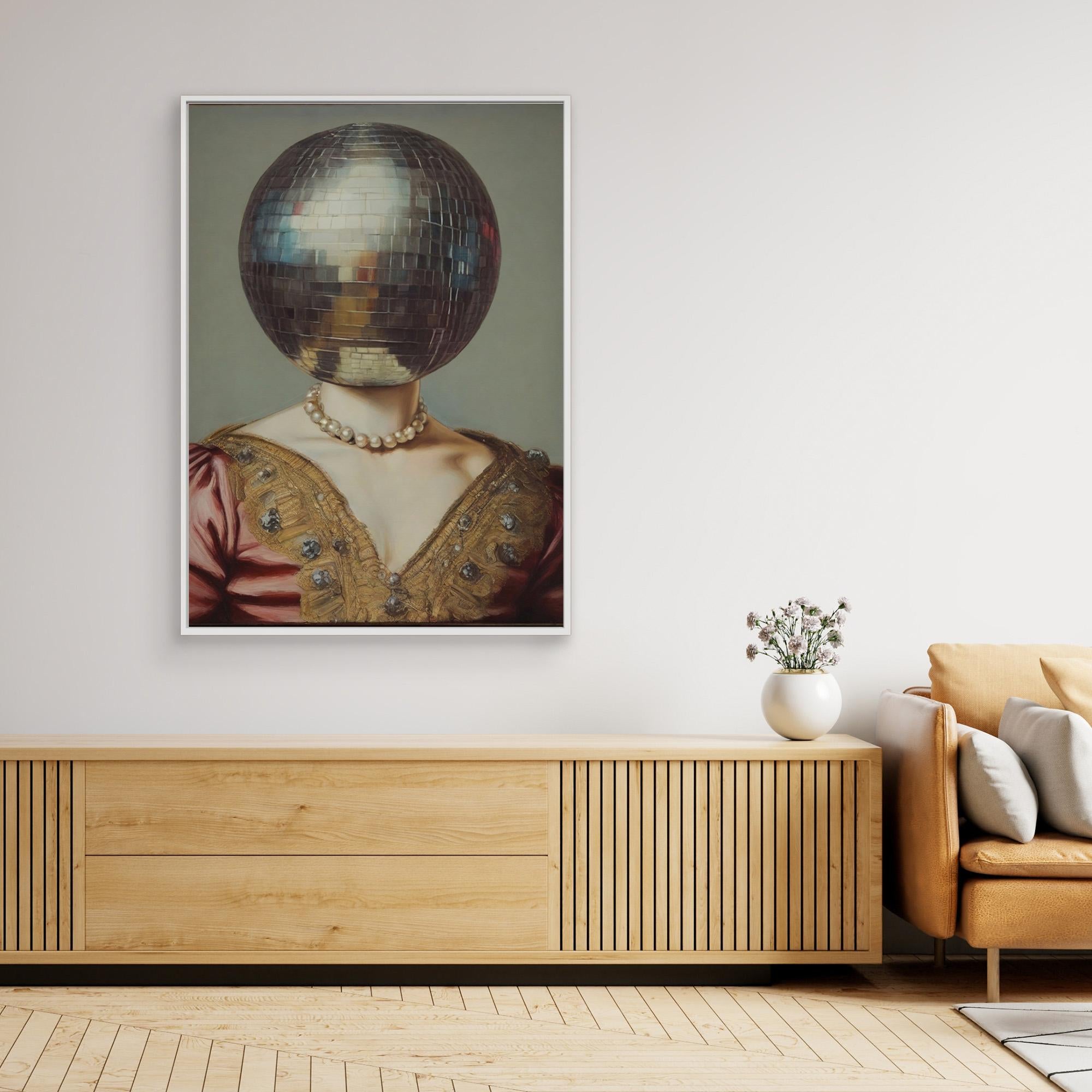 Framed artwork of a person with a disco ball for a head in a modern living room.