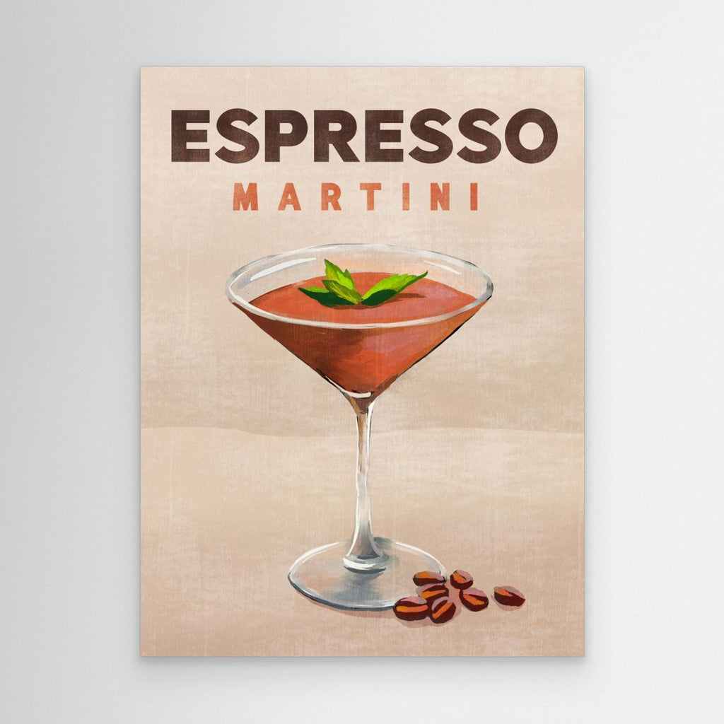 Print of an Espresso Martini with a glass and ingredients on a beige background