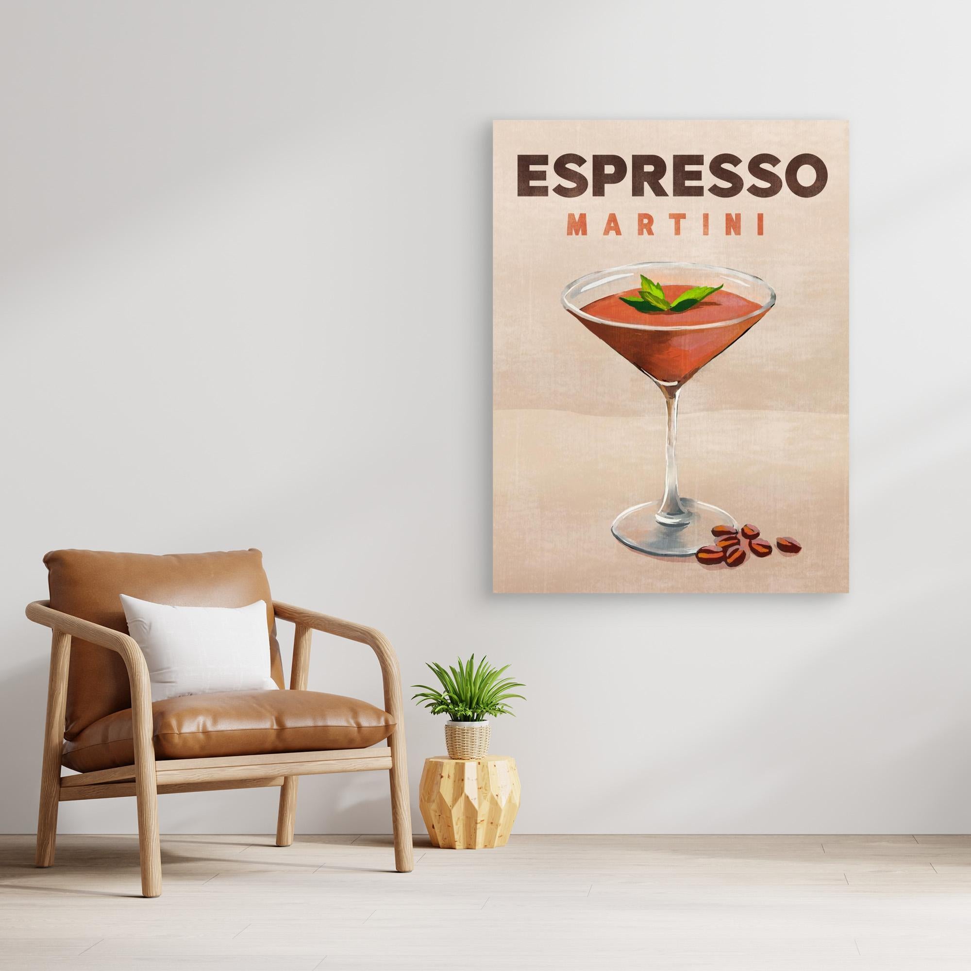 Print of an Espresso Martini with a brown chair and plant in the foreground.