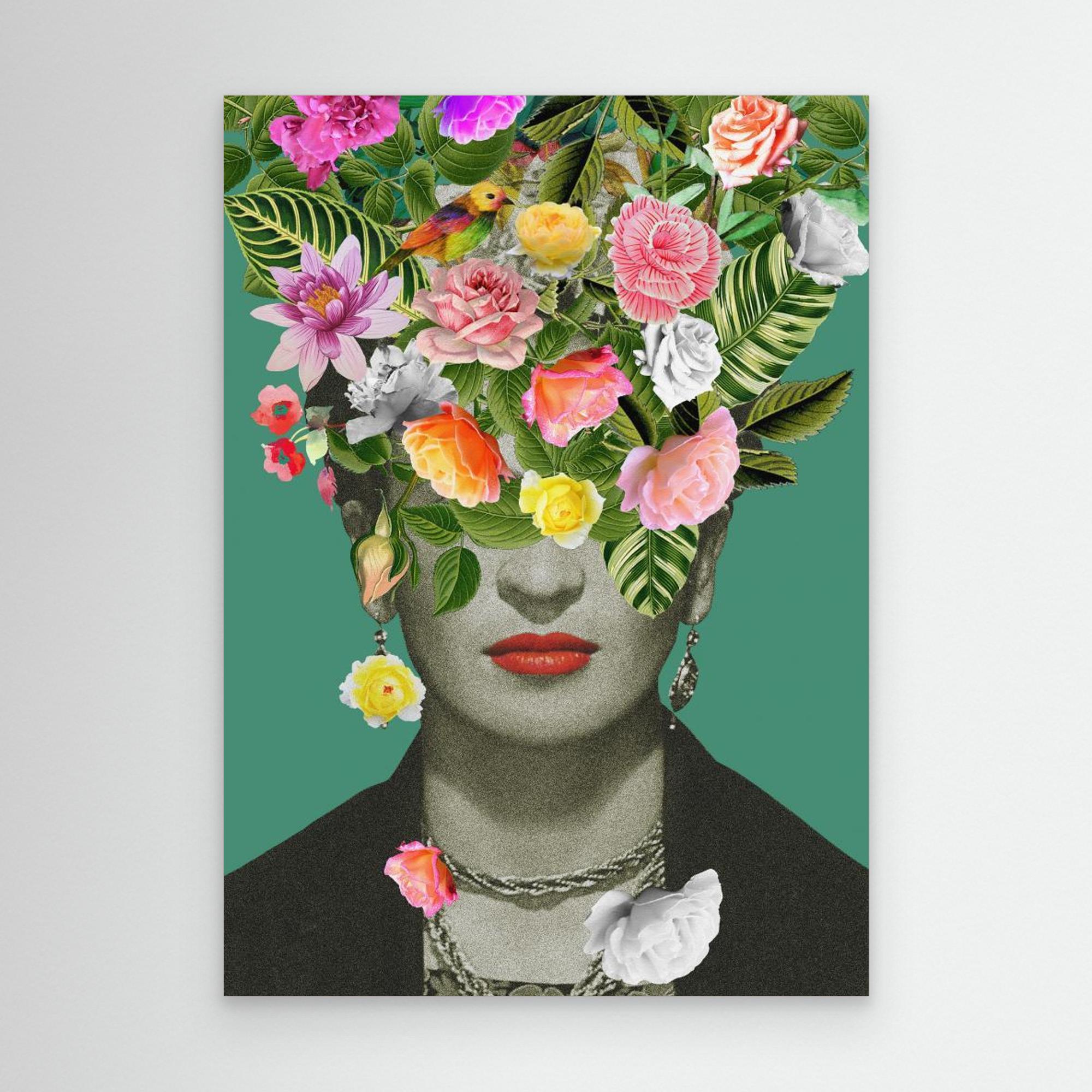 Floral Frida canvas art print above desk in stylish urban home office with contemporary decor
