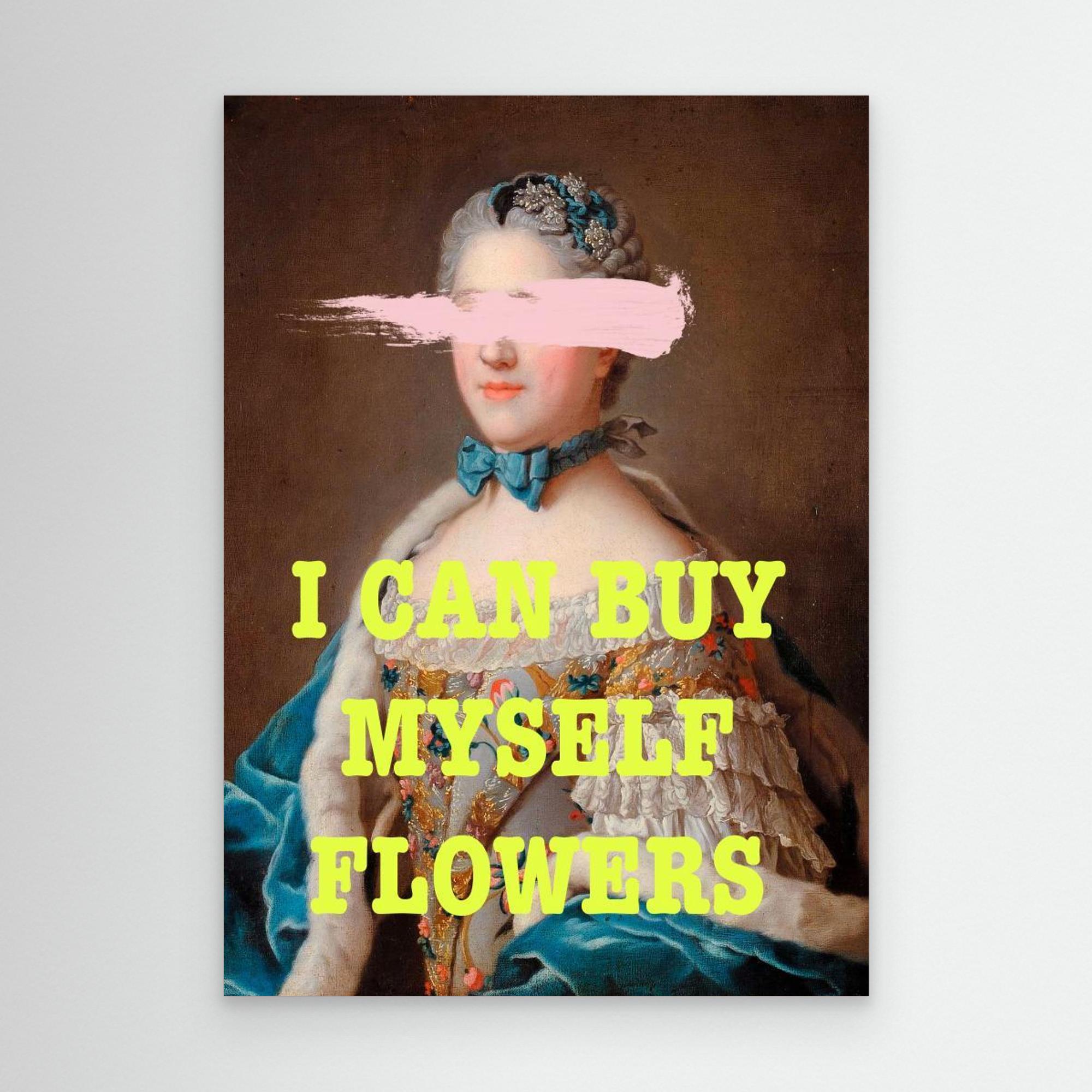 Portrait with floral headpiece and text 'I can buy myself flowers' on a plain background