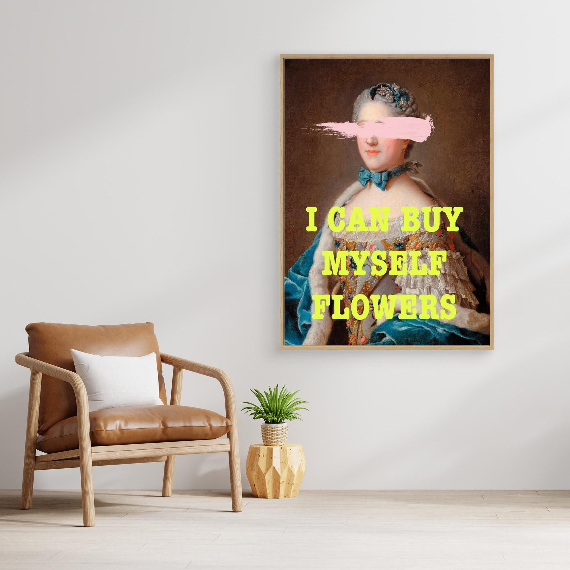 Framed artwork with text 'I can buy myself flowers' in a room with a brown armchair and plant.