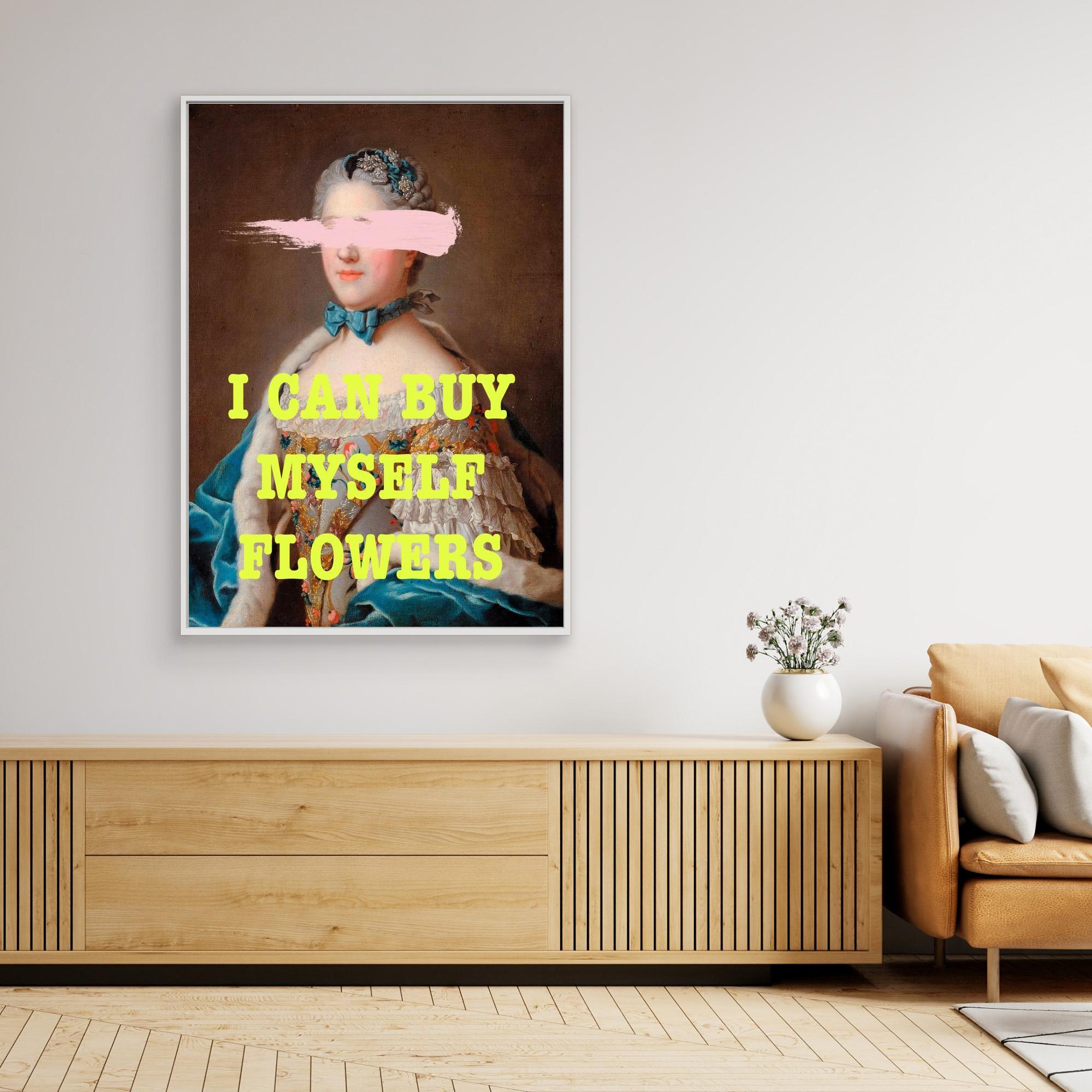 Framed artwork with a classical portrait and text 'I can buy myself flowers' in a modern living room.