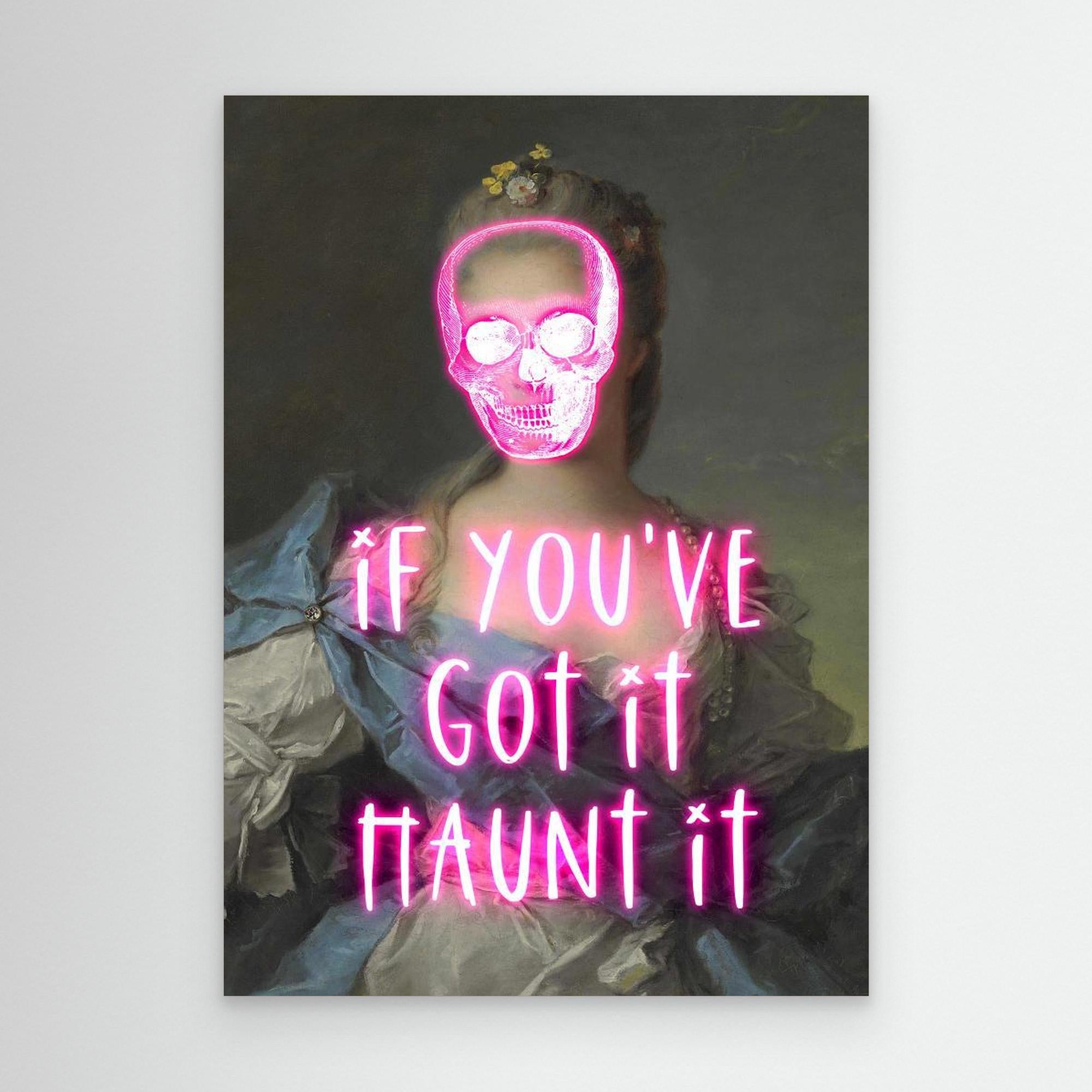 Artistic depiction of a person with a skull head and pink text on a dark background