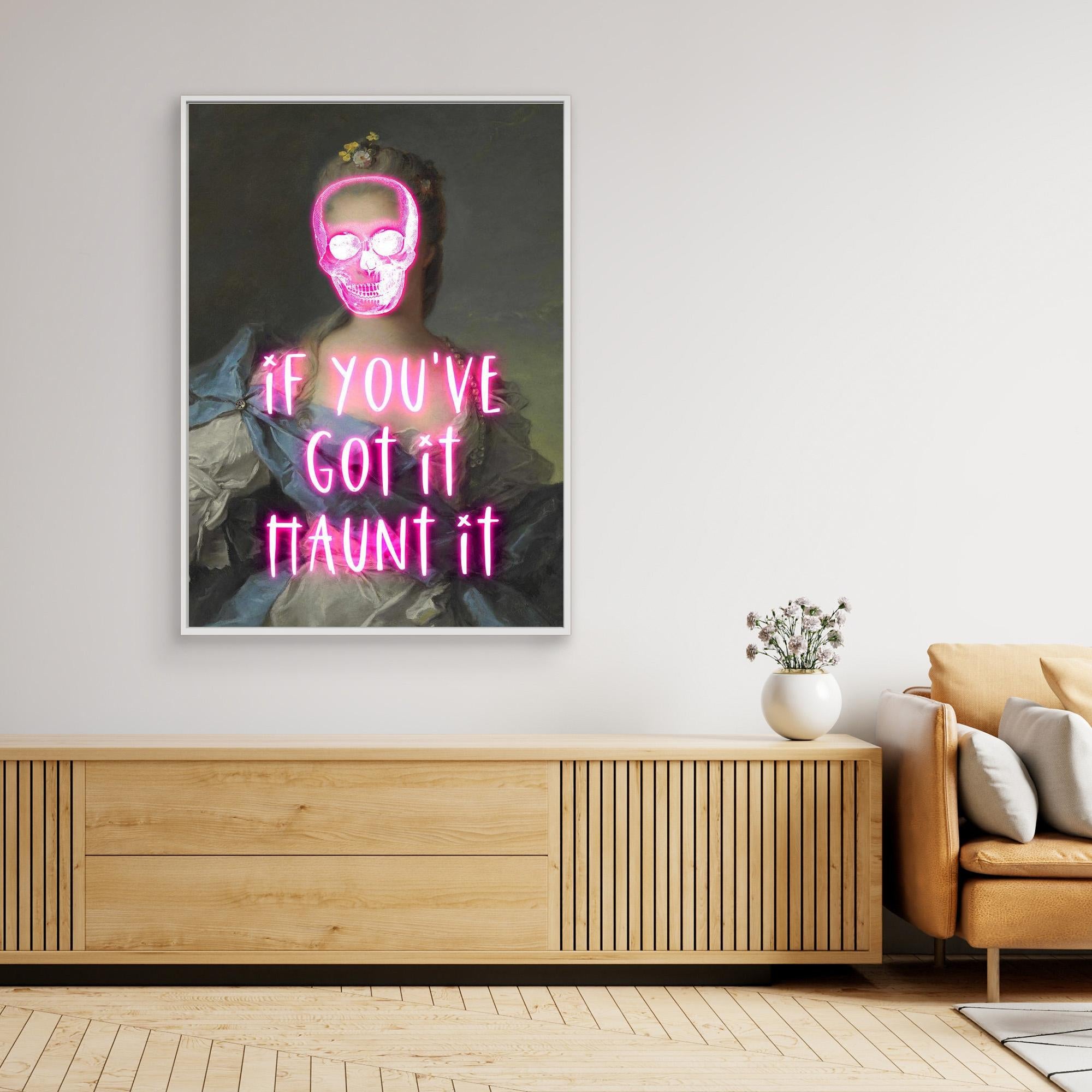 Framed artwork with neon text in a modern living room setting