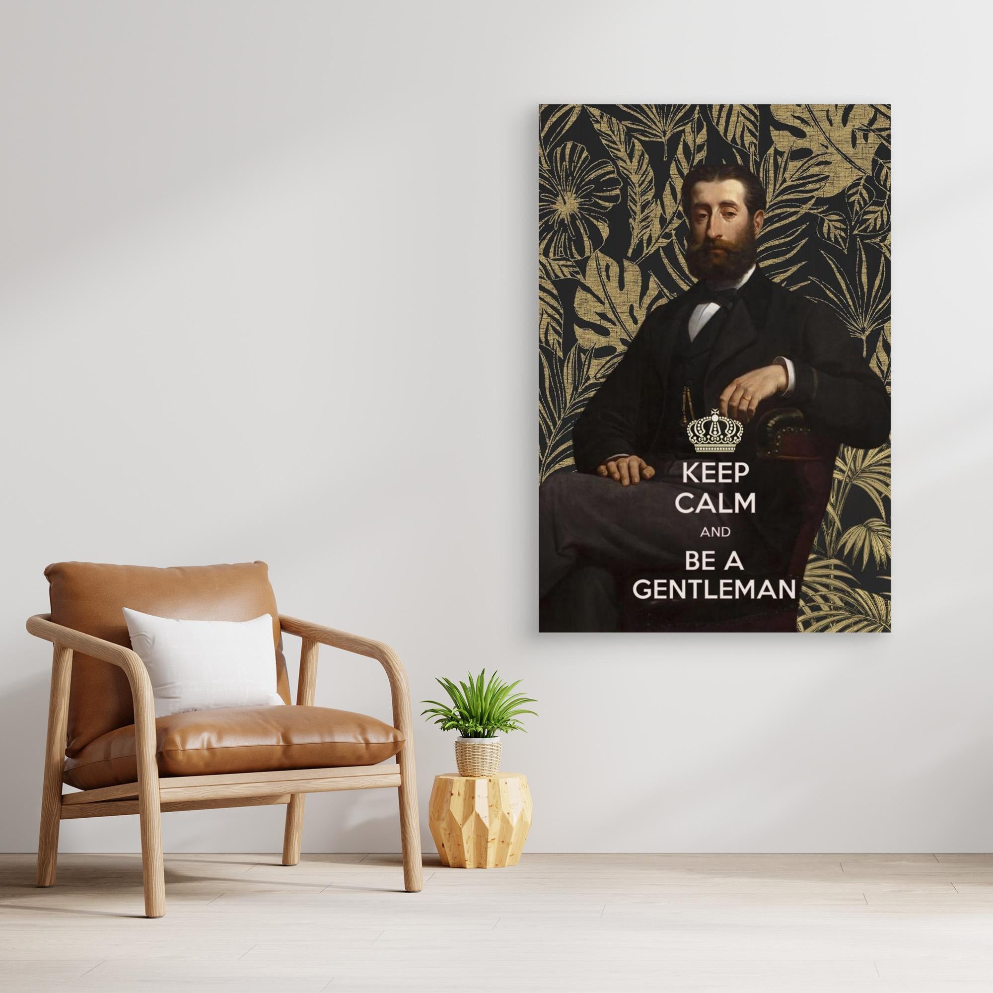 Print with a man in formal attire and 'Keep Calm and Be a Gentleman' text on a wall above a brown armchair.