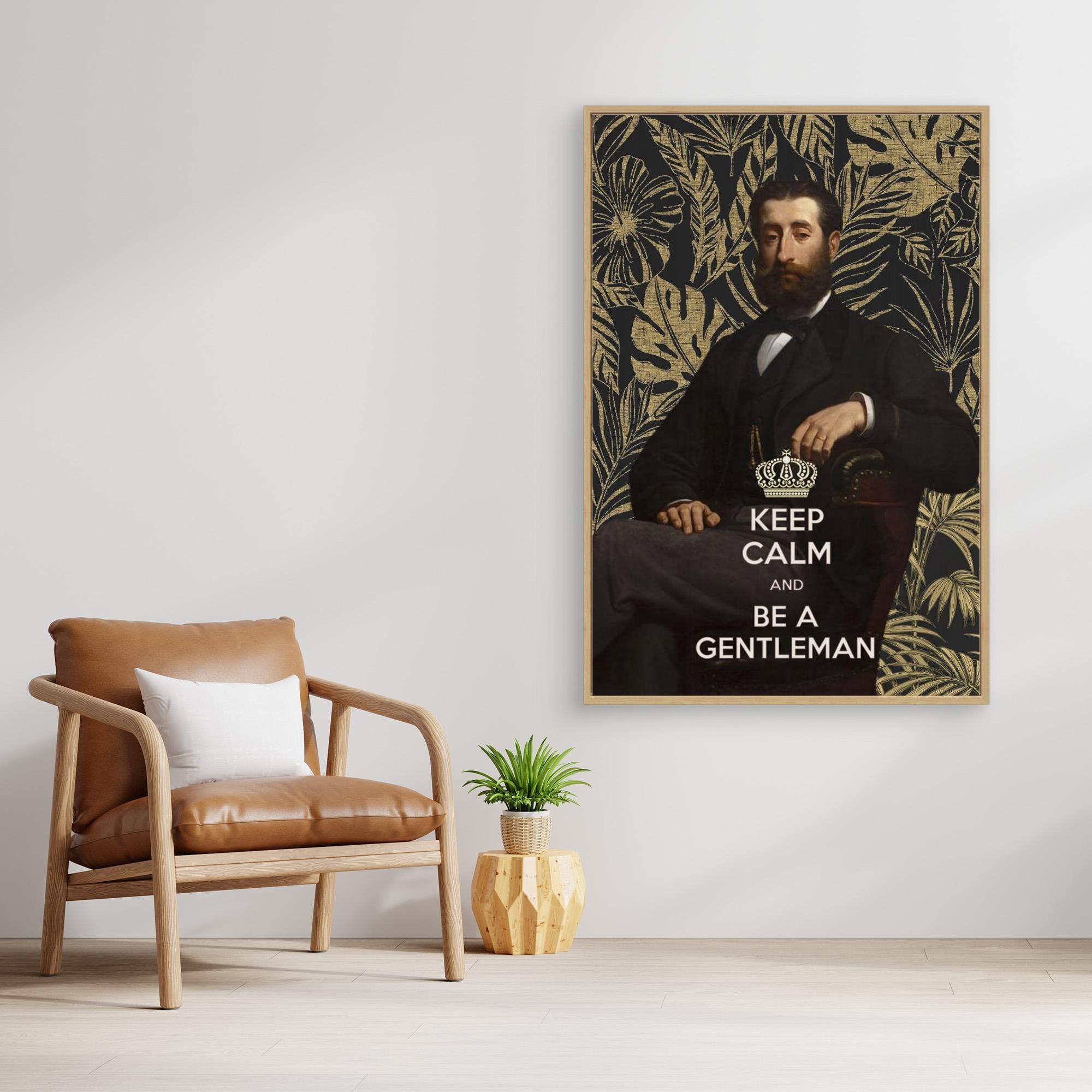 Print with a man in formal attire and text 'Keep Calm and Be a Gentleman' in a room with a brown armchair and plant.