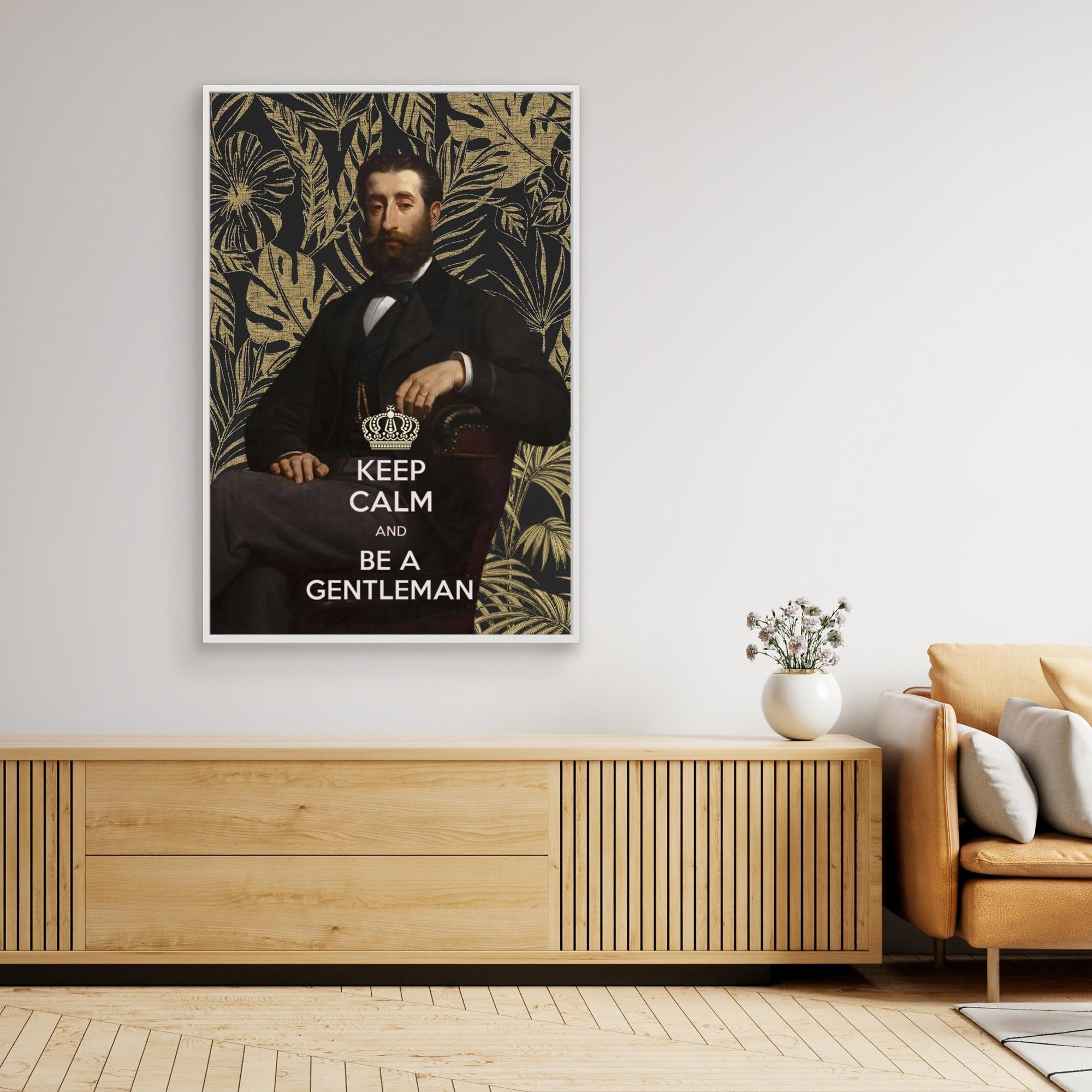 Framed print with a man in a suit and floral background, displayed in a living room.
