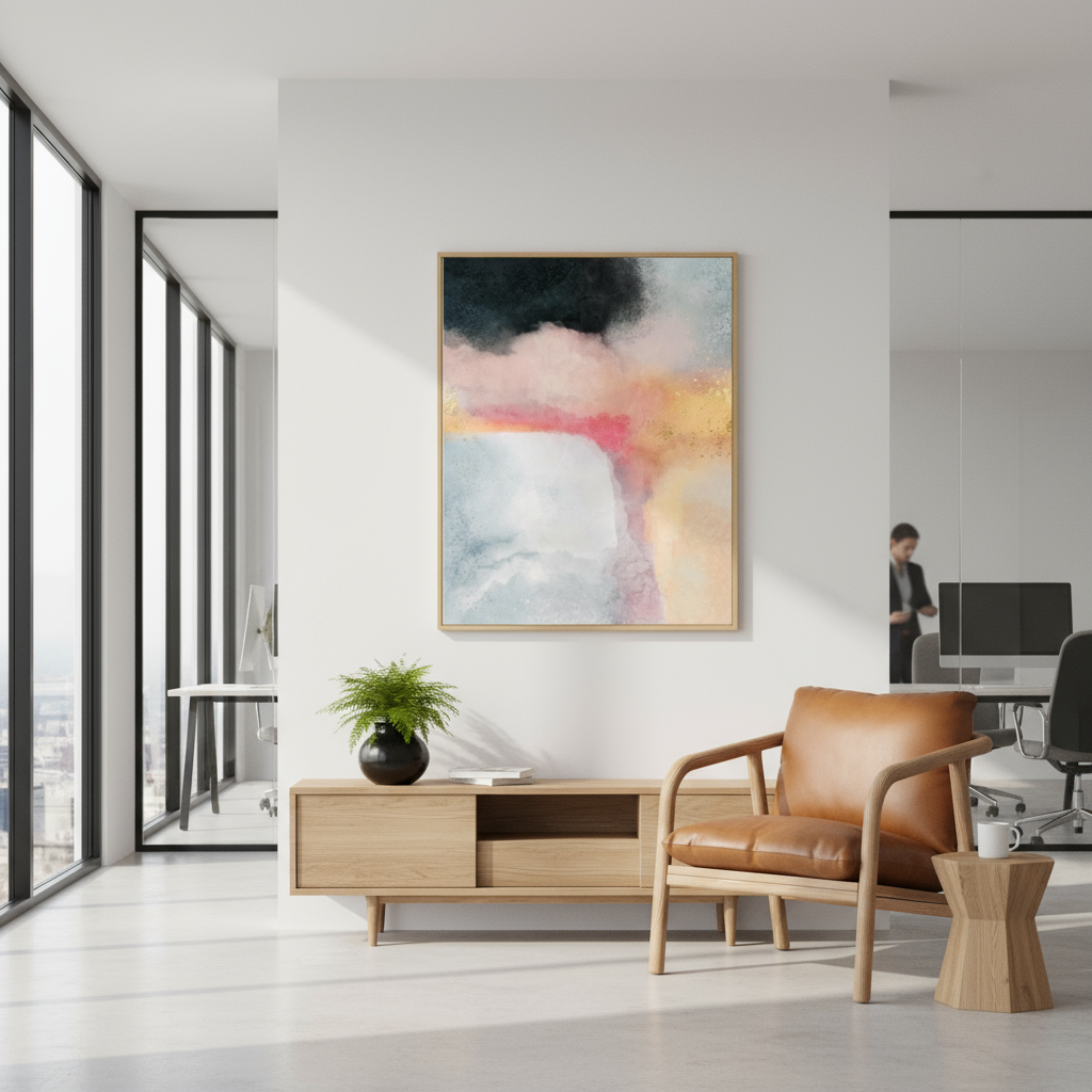 Modern living room with a brown leather chair, wooden side table, and abstract art on the wall.
