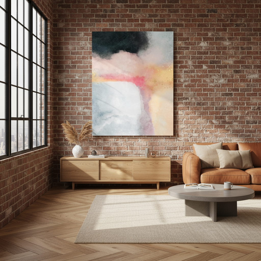 Modern living room with abstract painting on brick wall