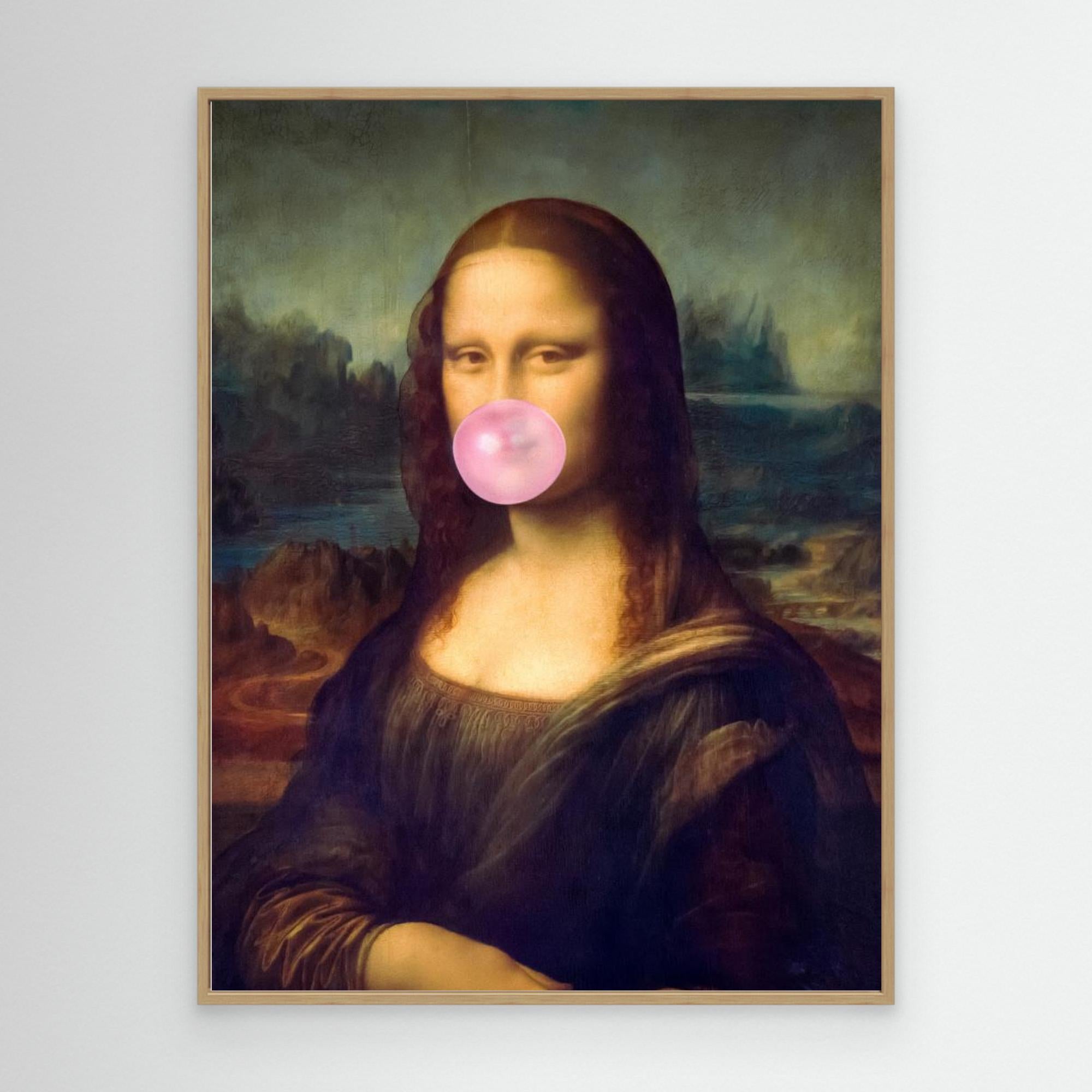 Framed artwork of Mona Lisa with a pink bubble gum bubble over her mouth on a white wall.