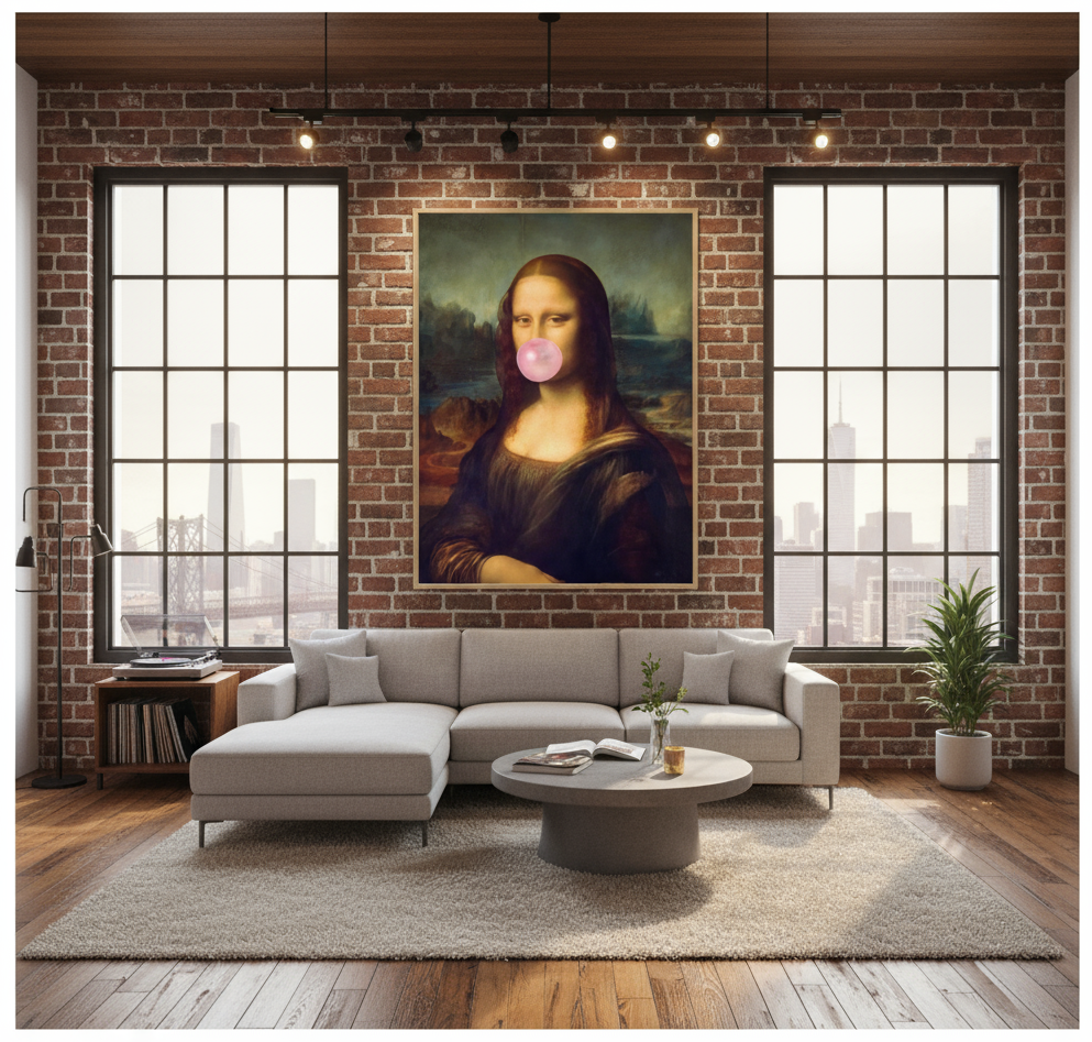 Modern living room with a brick wall, large windows, and a Mona Lisa painting with bubble gum on the lips.