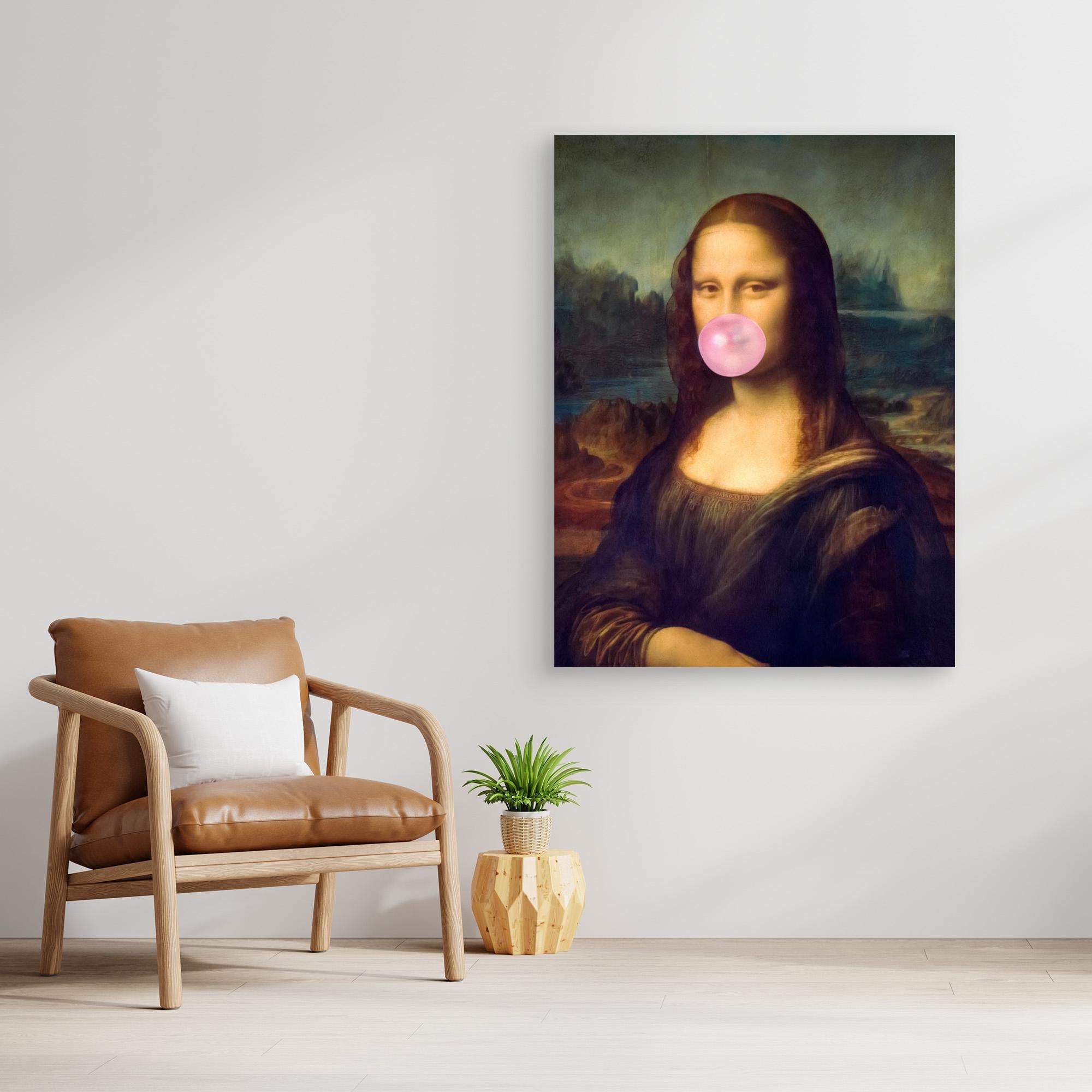 Mona Lisa with a pink bubble gum bubble in a modern room with a chair and plant.