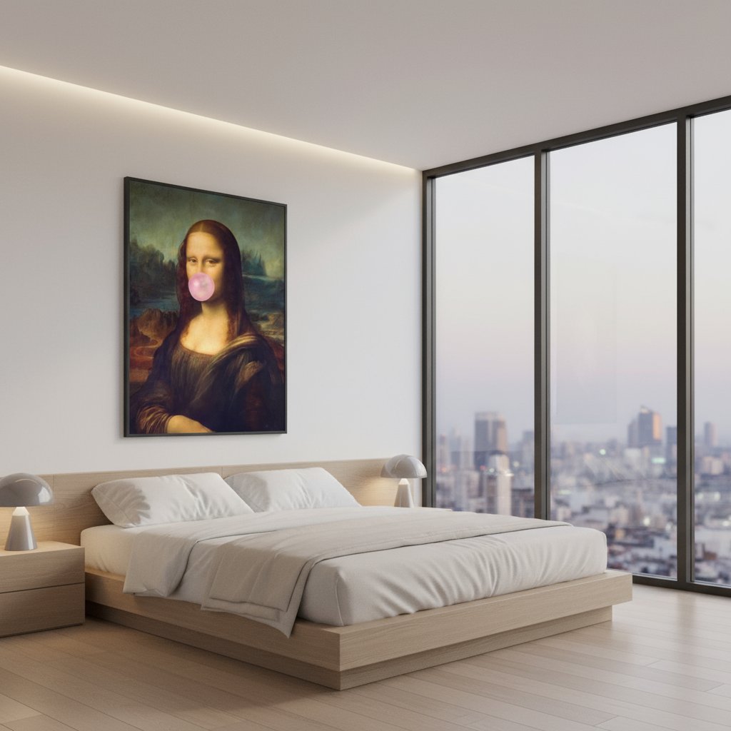 Modern bedroom with a bed and a painting of Mona Lisa with bubble gum on a wall.