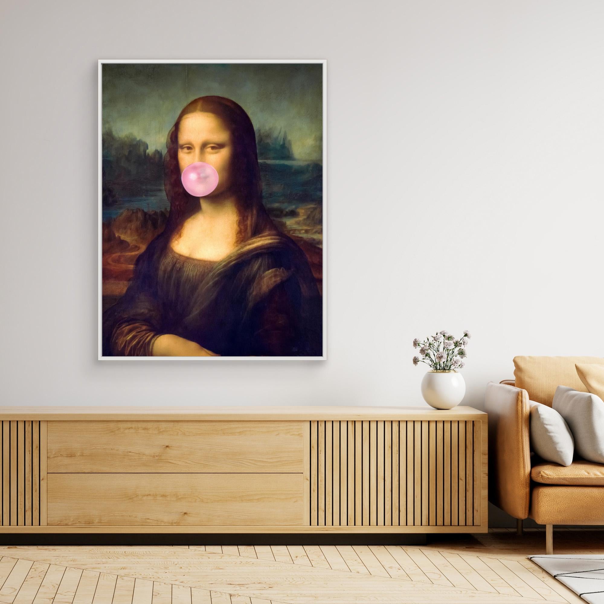 Framed artwork of Mona Lisa blowing a pink bubble gum bubble in a modern living room.