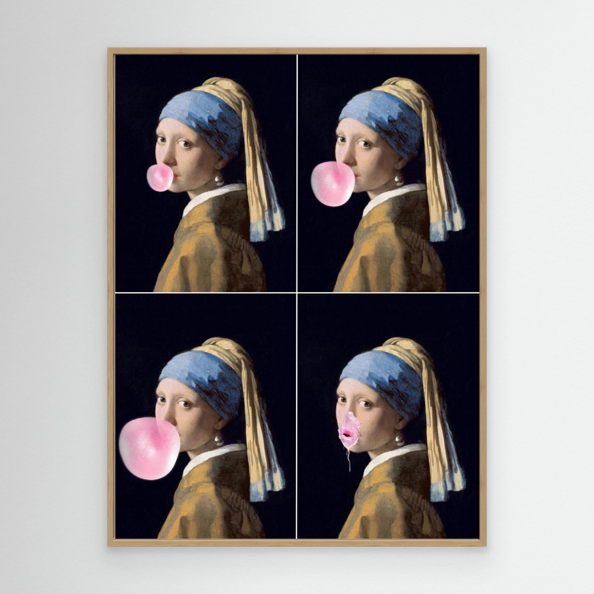 Four-panel artwork of a woman with a pearl earring blowing bubble gum on a white wall.