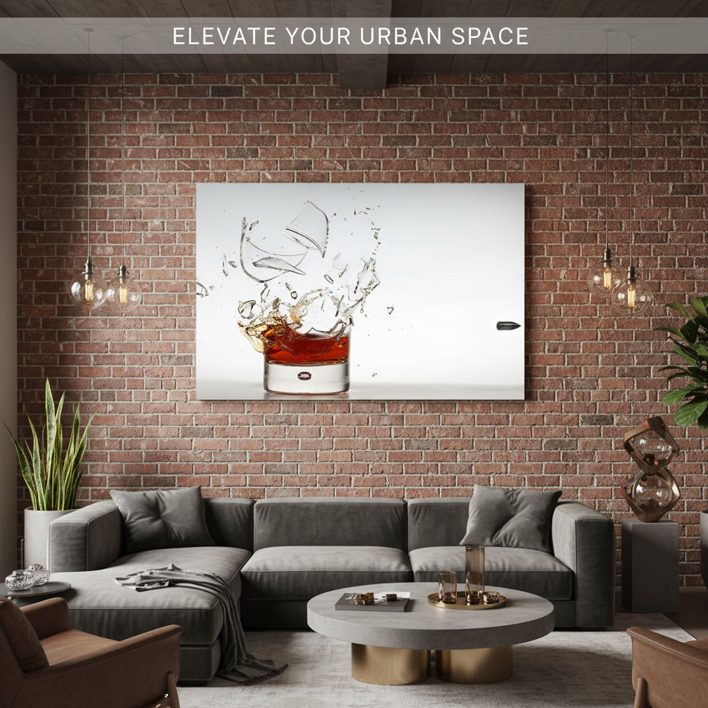 Modern living room with a gray sectional sofa, round coffee table, and decorative wall art.