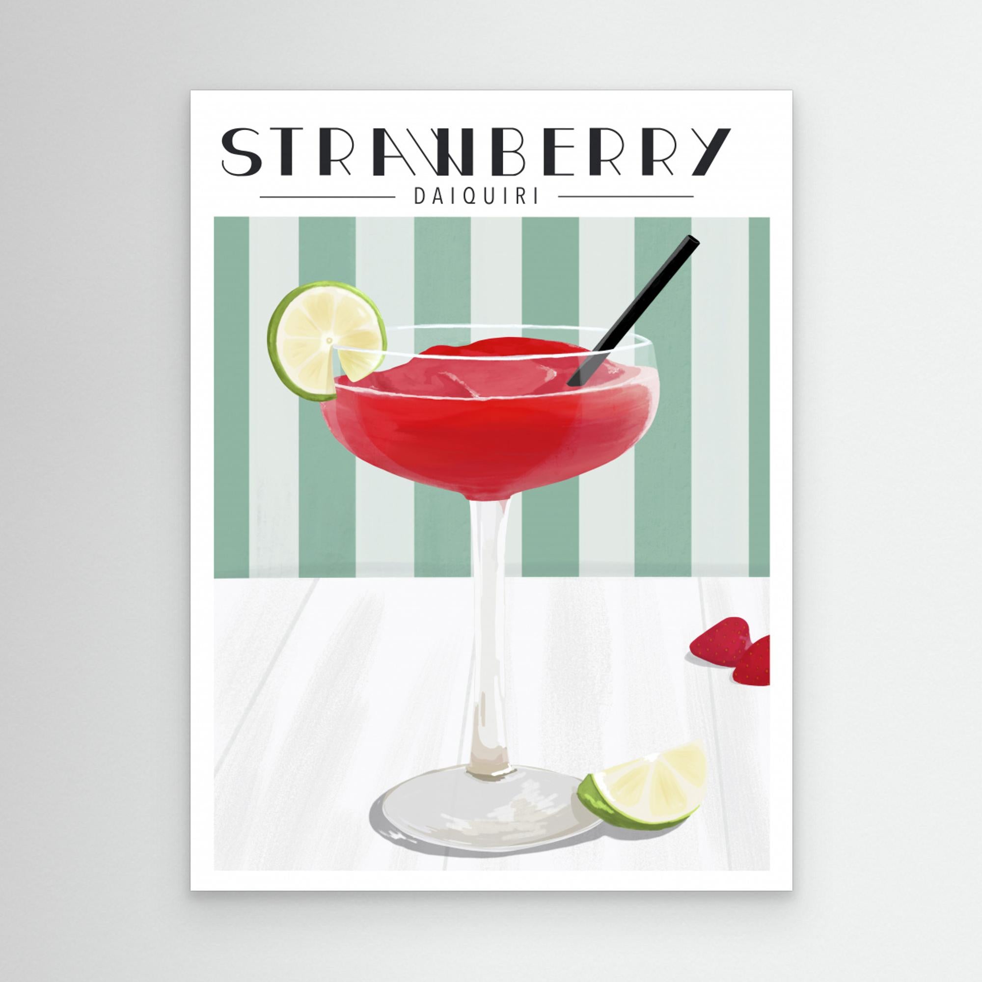 Print of a strawberry daiquiri with a glass, lime, and straw on a striped background.