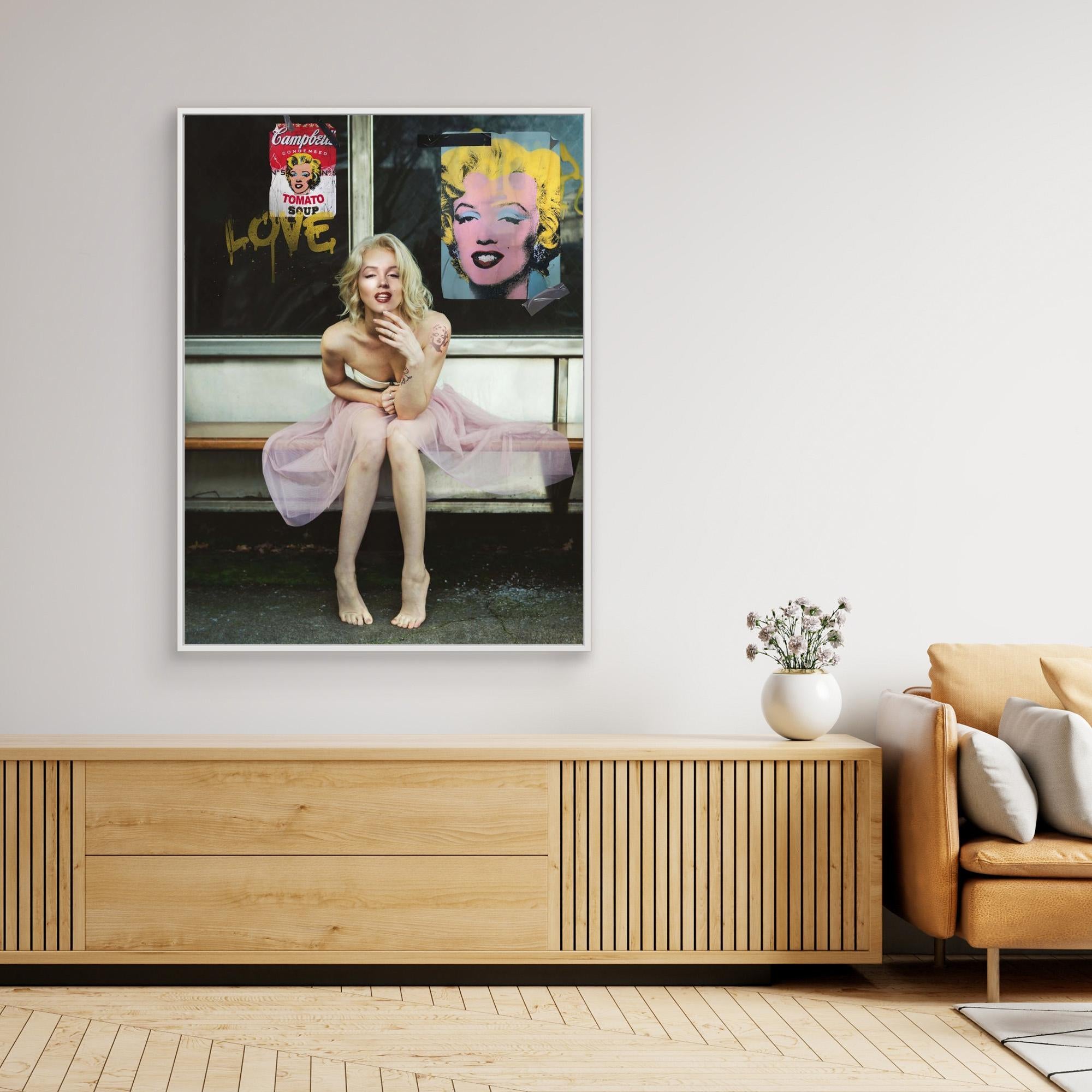 New Marilyn pop art canvas print displayed in modern living room interior.
