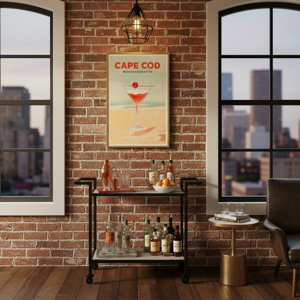 Bar cart with drinks against a brick wall with a 'Cape Cod' print 