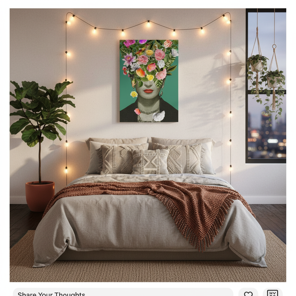 Floral Frida canvas art print flat lay with coffee, art book, and urban lifestyle accessories
