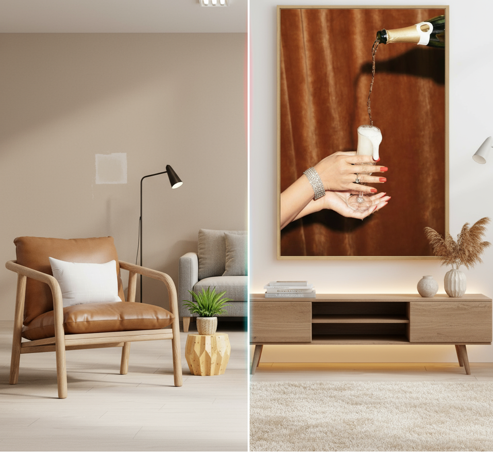 Before and after comparison of a living room with a large framed artwork.