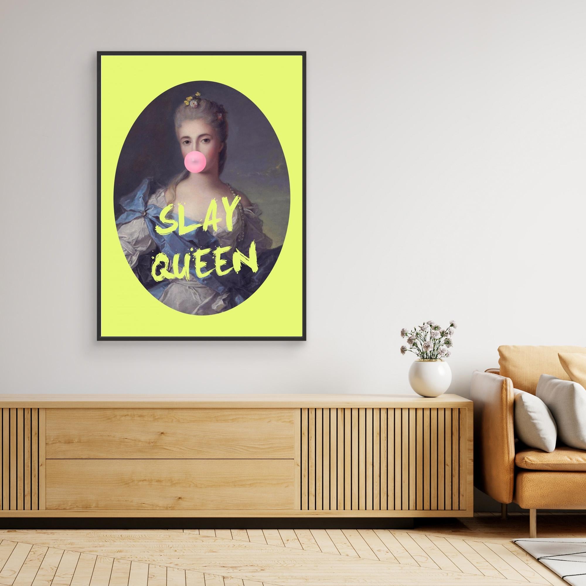 Framed artwork with 'Slay Queen' text in a modern living room setting.
