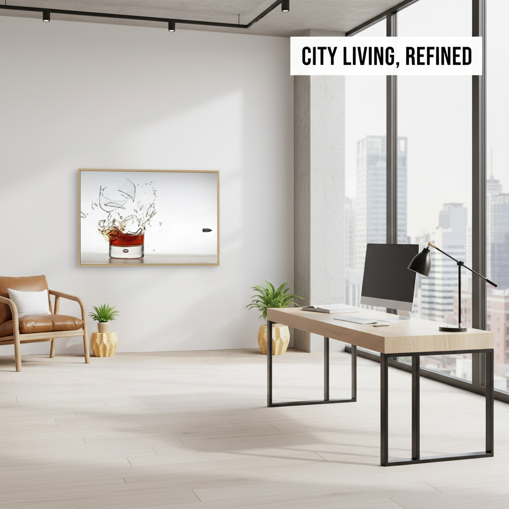 Modern office space with a desk, chair, and cityscape view.