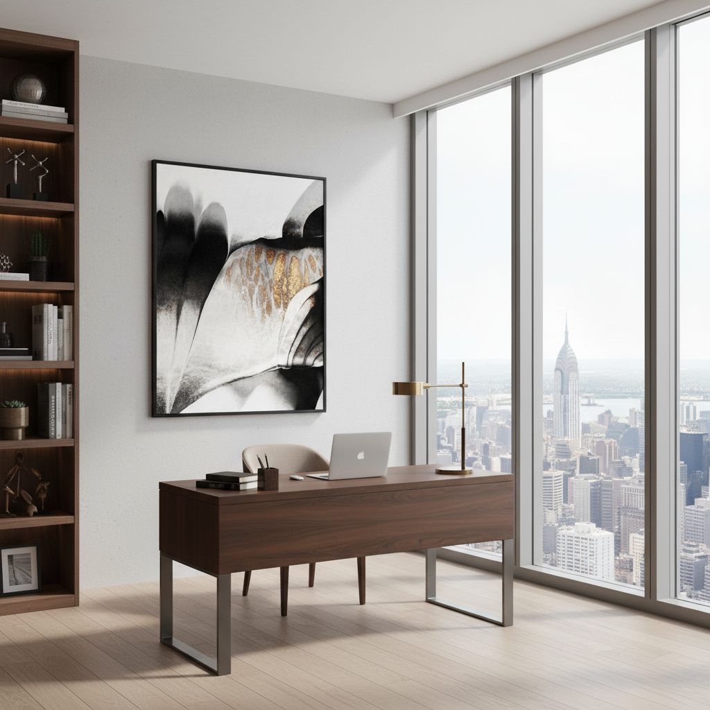 Modern office desk with a laptop and decor in a room with large windows showing a cityscape.