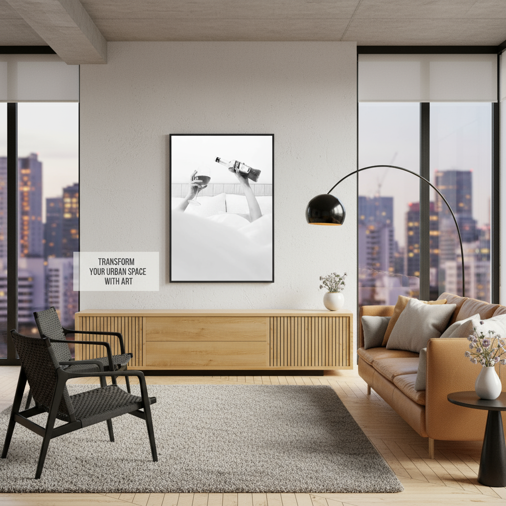 Modern living room with a cityscape view, wooden cabinet, and decorative items.