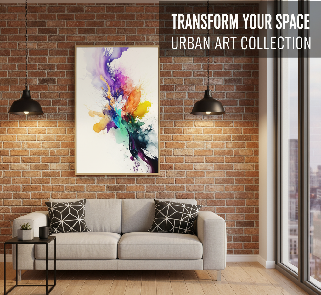 Modern living room with a colorful abstract painting on a brick wall, gray sofa, and 'Transform Your Space Urban Art Collection' text.