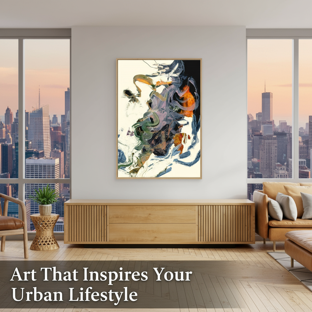 Modern living room with abstract art and cityscape view