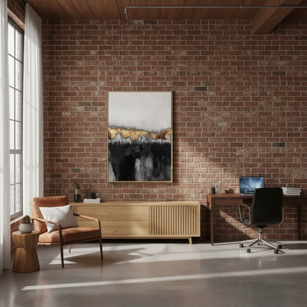Modern office with brick wall, wooden furniture, and a painting.