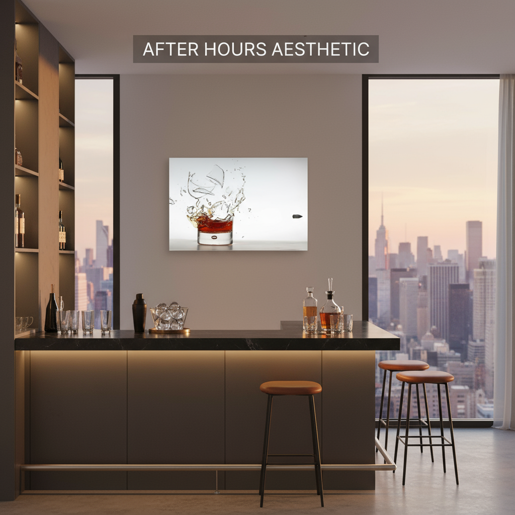 Modern bar with cityscape view, 'After Hours Aesthetic' text, and a drink-themed wall art.