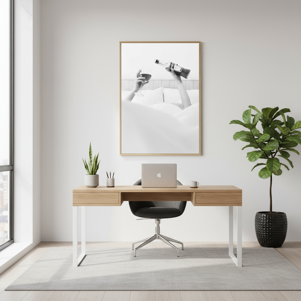 Modern home office with a desk, chair, and decor elements.