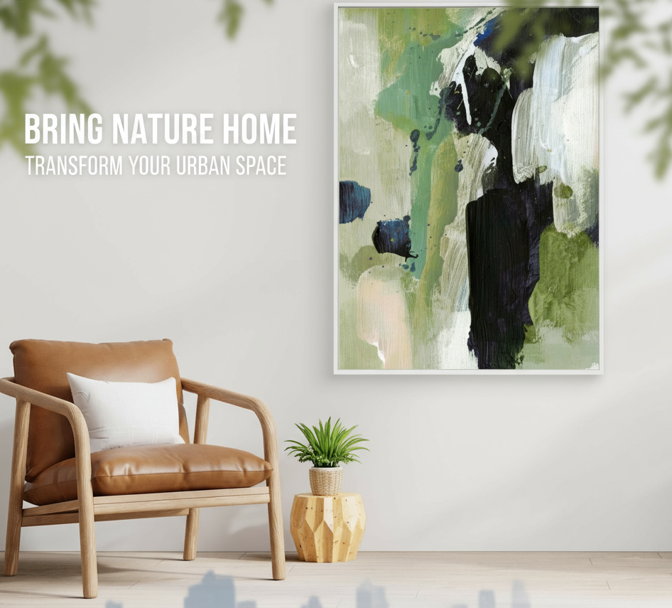 Modern interior with a brown leather chair, abstract painting, and plant, promoting nature-themed decor.